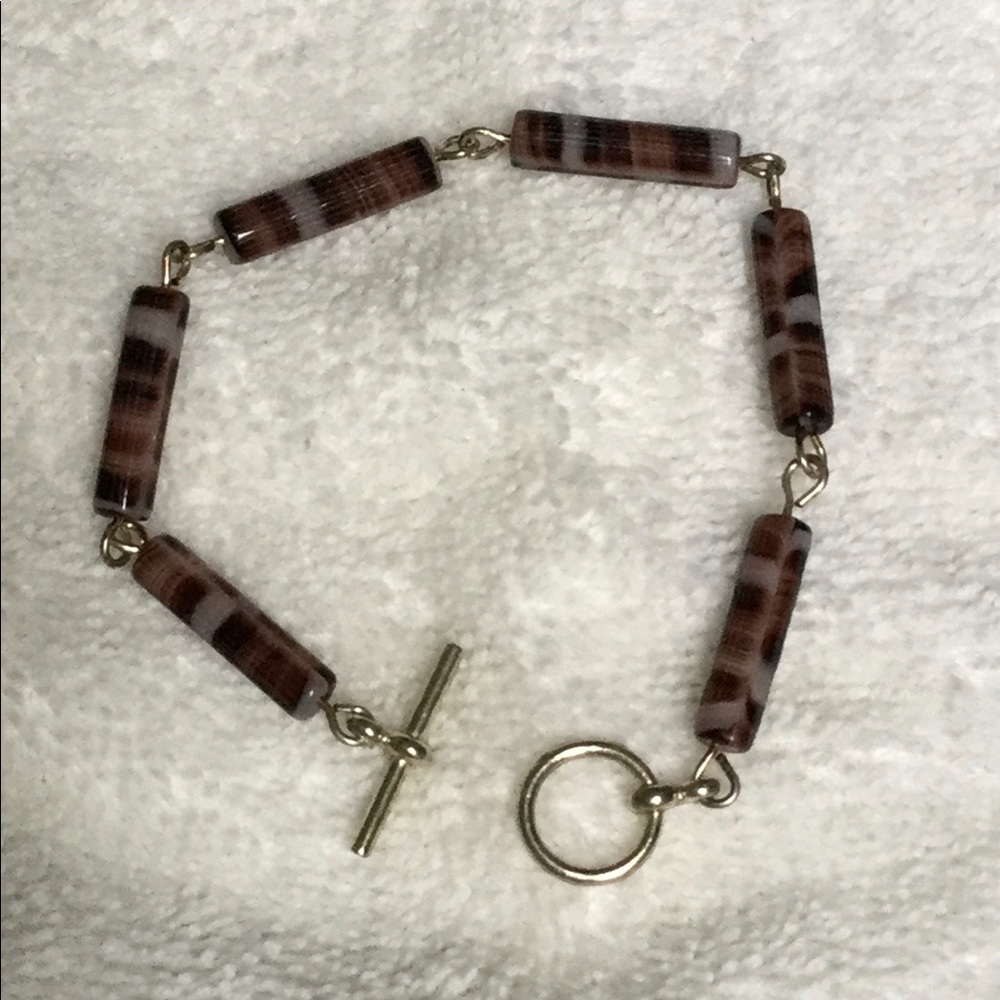 Brown bead bracelet, sterling silver plated links. Handmade.